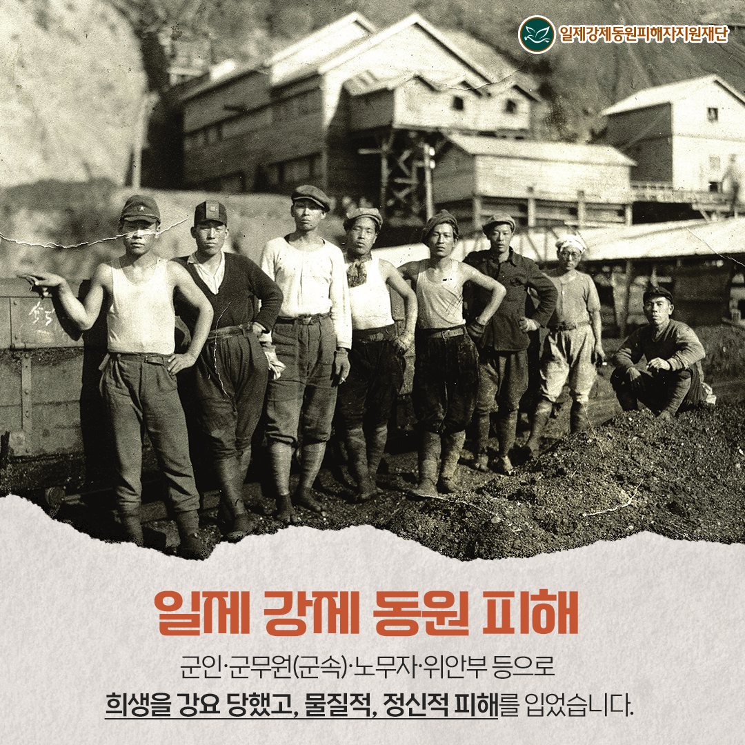 일제 강제 동원 피해 군인·군무원(군속)·노무자·위원부 등으로 희생을 강요 당했고, 물질적, 정신적 피해를 입었습니다.