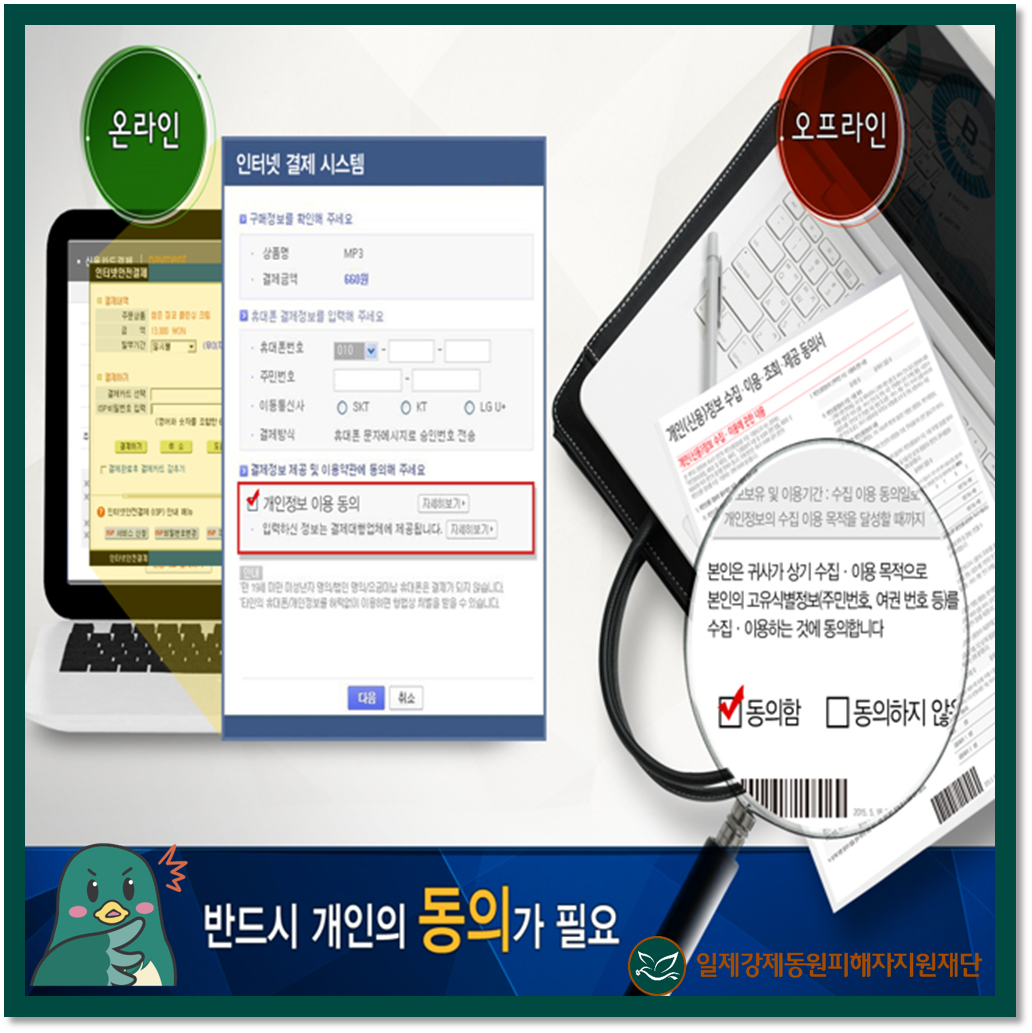 반드시 개인의 동의가 필요(온라인과 오프라인상에서의 개인정보 동의 이미지)