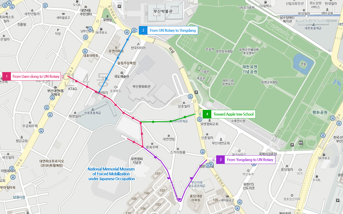 국립일제강제동원역사관 오시는 4가지 방법으로 1. 우암동에서 유엔로타리 방향, 2. 유엔로타리에서 용당 방향, 3. 용당에서 유엔로타리 방향, 4. 사과나무학교 방향이 있음